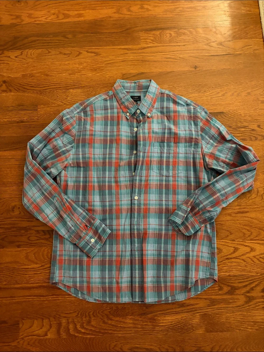 J. Crew Teal and Red Plaid Button-Down Shirt